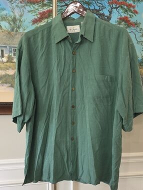 bill blass Silk Teal-Green Short-Sleeve Casual Button-Down Shirt